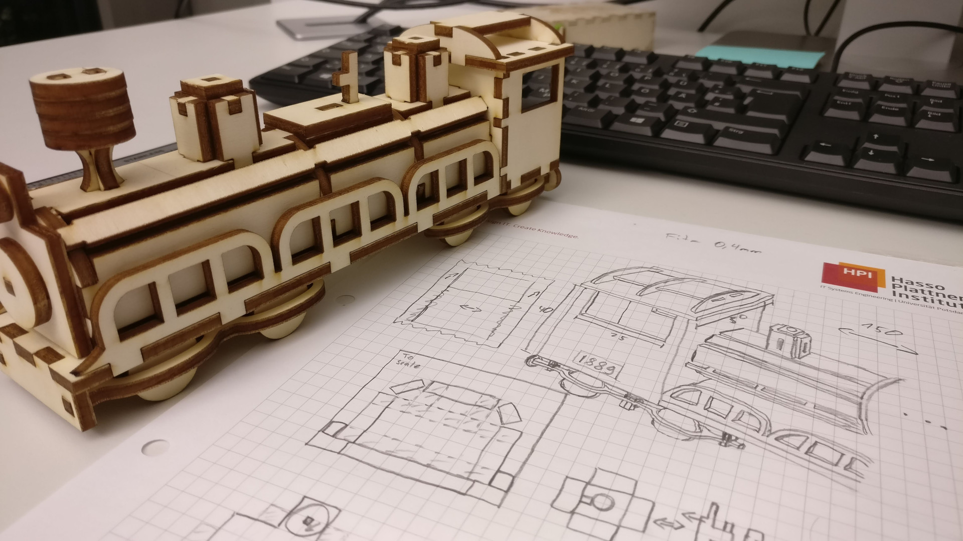 A laser cut train made of plywood